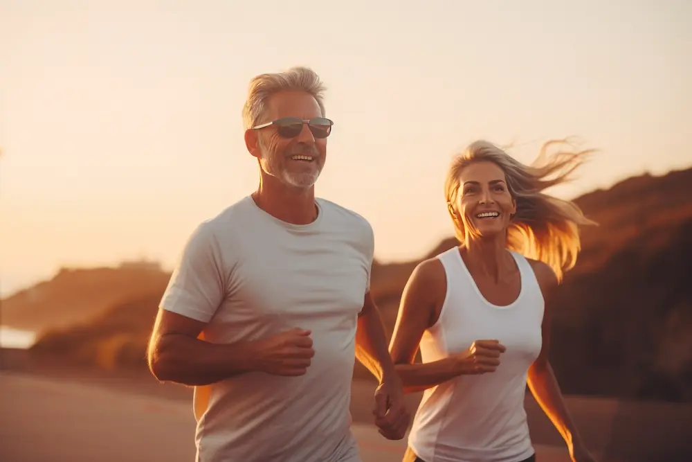Healthy middle-aged couple running on the beach