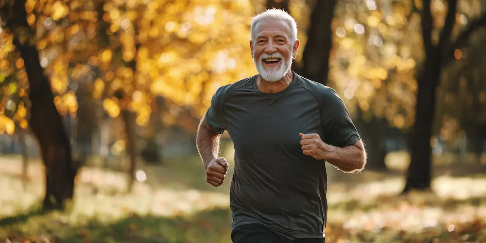 Older man running through the woods